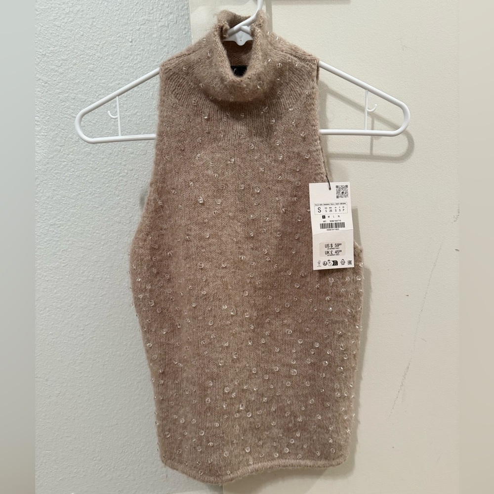 Zara Beige Turtleneck Sleeveless Sweater